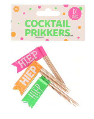 Cocktailprikkers Hiep hiep hoera roze/oranje/groen 12 stuks