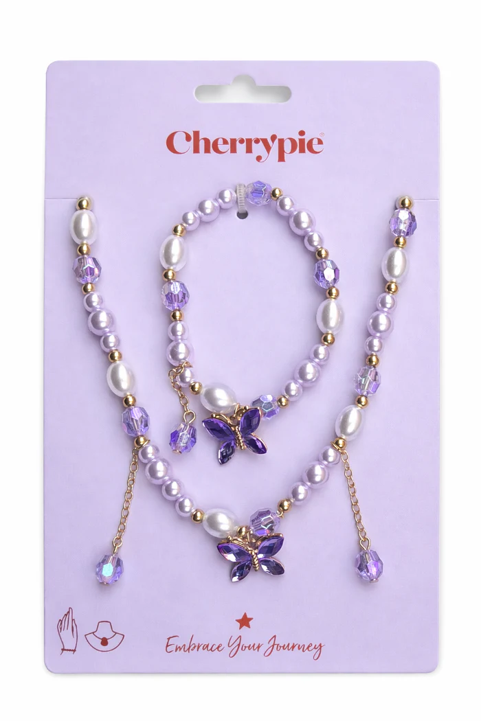 Ketting & armband set vlinder paars/wit #693