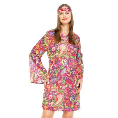 Kostuum jurk en hoofdband hippie meerkleurig maat S/M