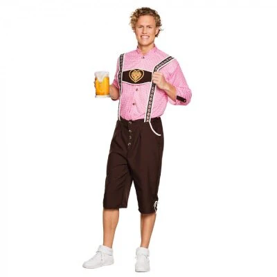 Kostuum lederhosen Schmidt bruin/roze heren maat 54/56