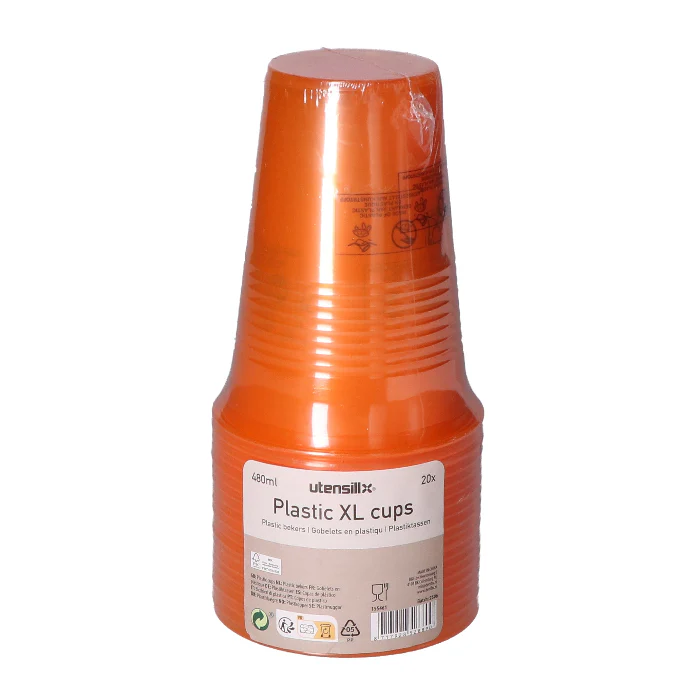 Plastic beker XL oranje 480ml 20 stuks