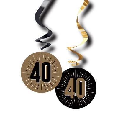 Swirls hangdecoratie 40 jaar zwart/goud 6 stuks