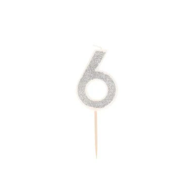 Taartkaarsje cijfer 6 glitter zilver